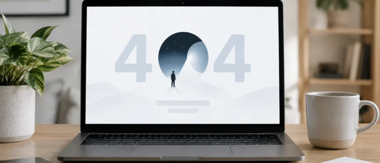 Макет страницы 404 на экране ноутбука